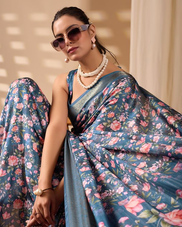 Teal Floral Lichi Silk Saree with Zari Border