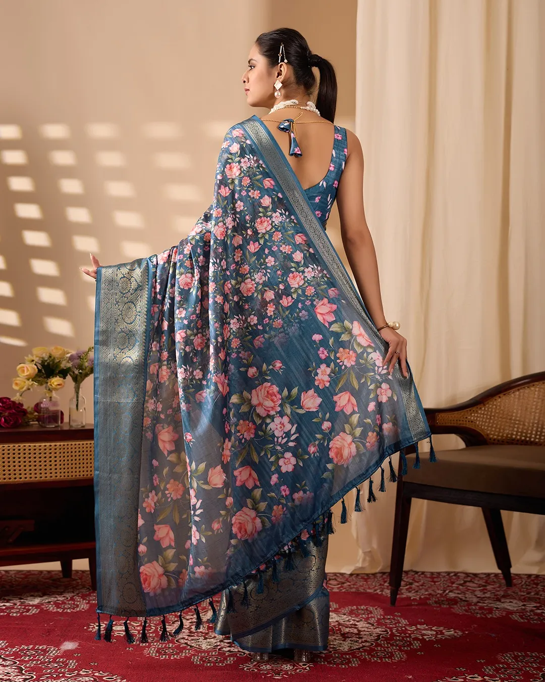 Teal Floral Lichi Silk Saree with Zari Border