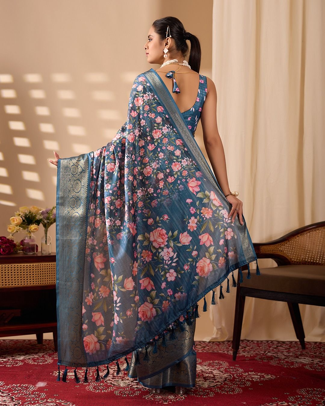 Teal Floral Lichi Silk Saree with Zari Border