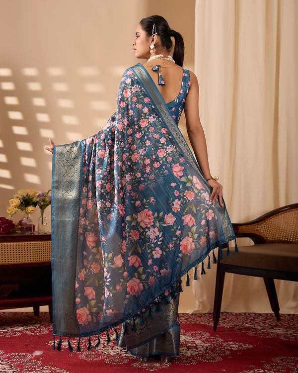 Teal Floral Lichi Silk Saree with Zari Border