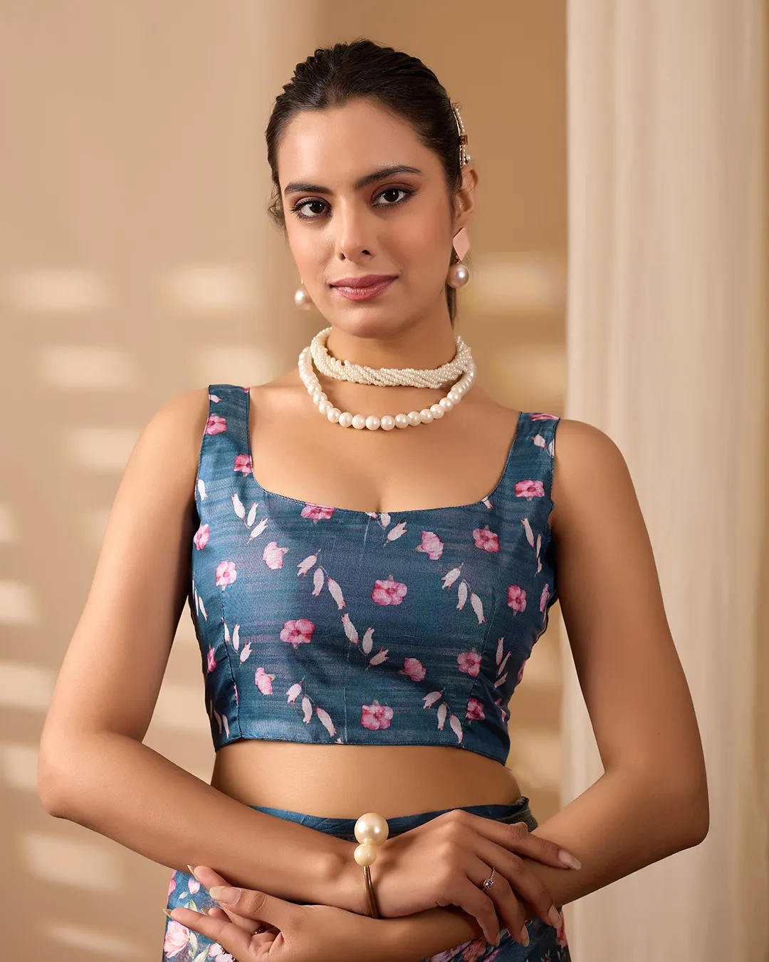 Teal Floral Lichi Silk Saree with Zari Border