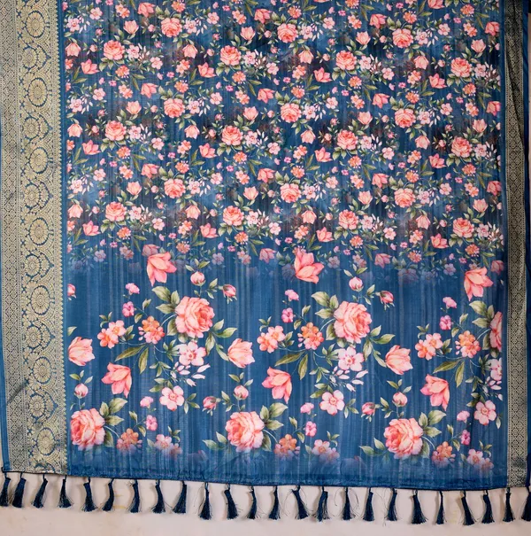 Teal Floral Lichi Silk Saree with Zari Border