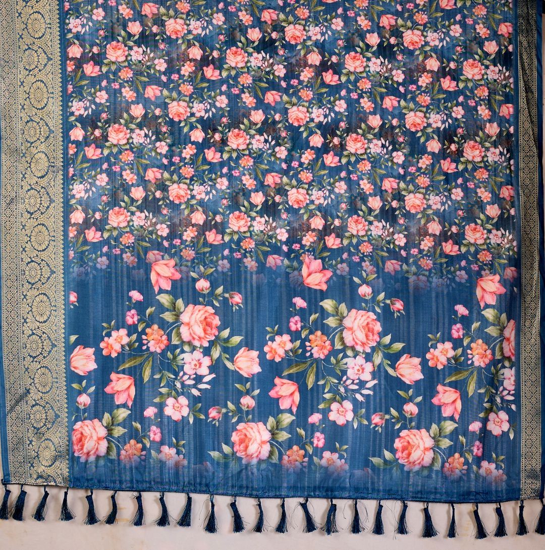 Teal Floral Lichi Silk Saree with Zari Border