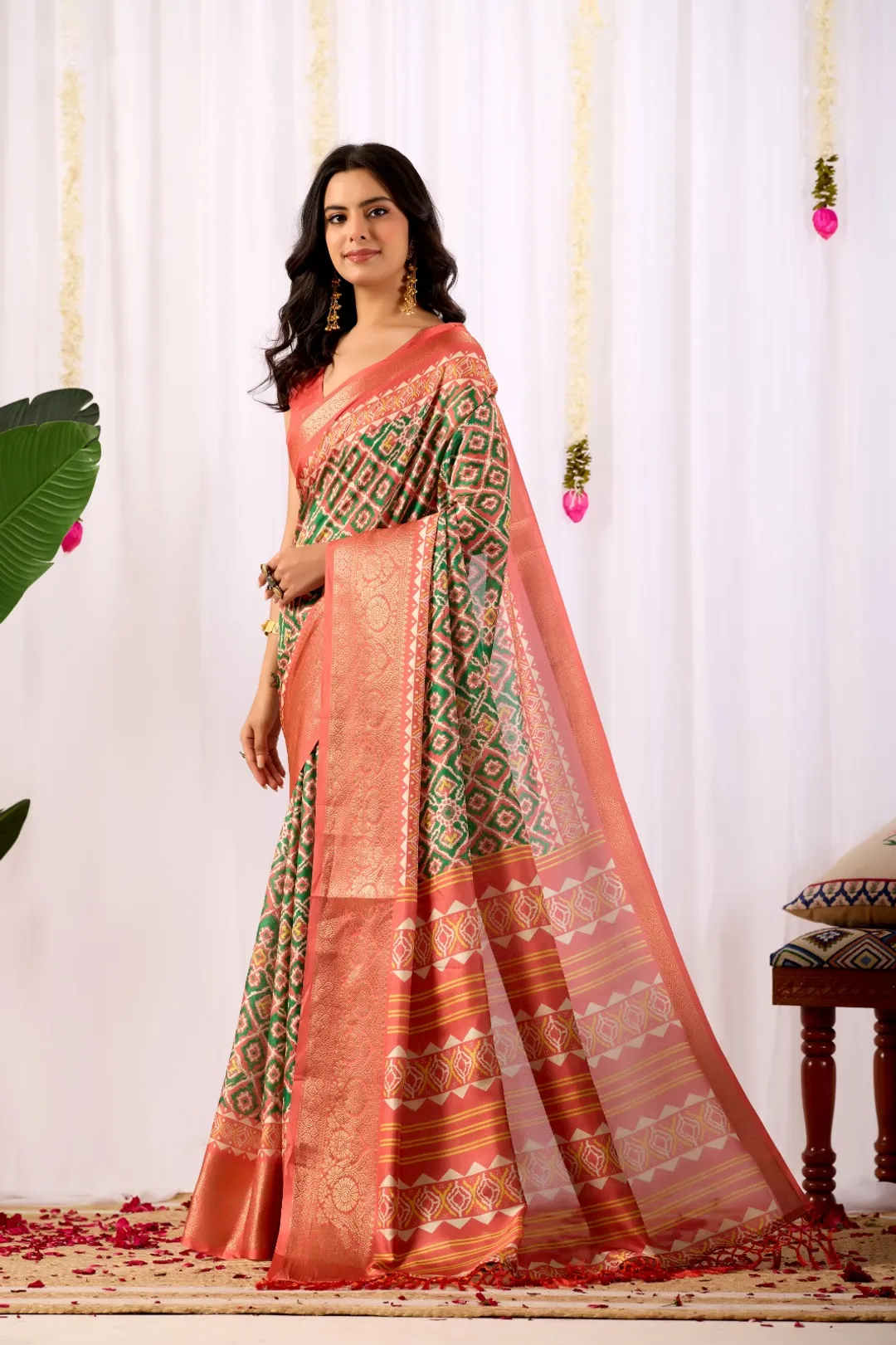 Coral Green Patola Silk Saree with Zari Border