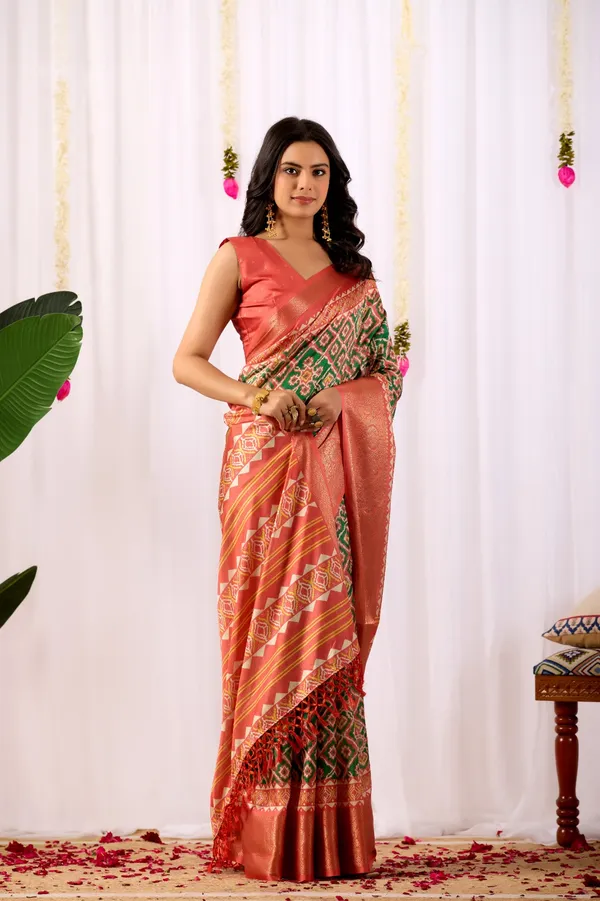 Coral Green Patola Silk Saree with Zari Border