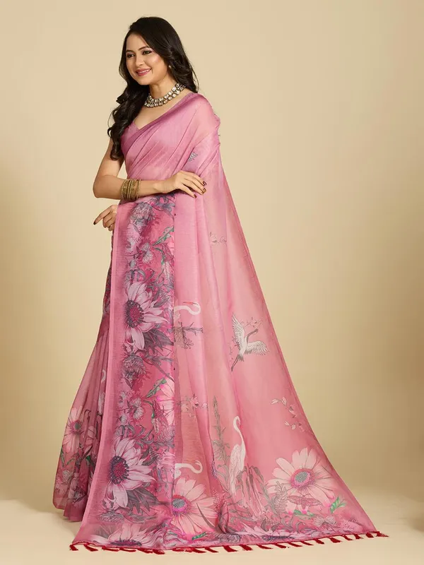 Pink Floral Print Designer Cotton Saree with Blouse