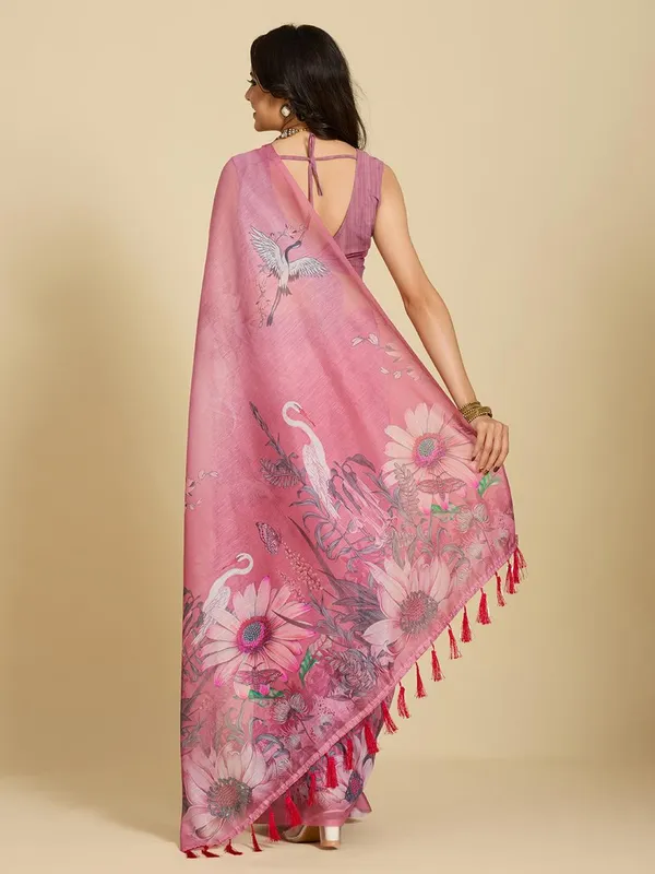 Pink Floral Print Designer Cotton Saree with Blouse