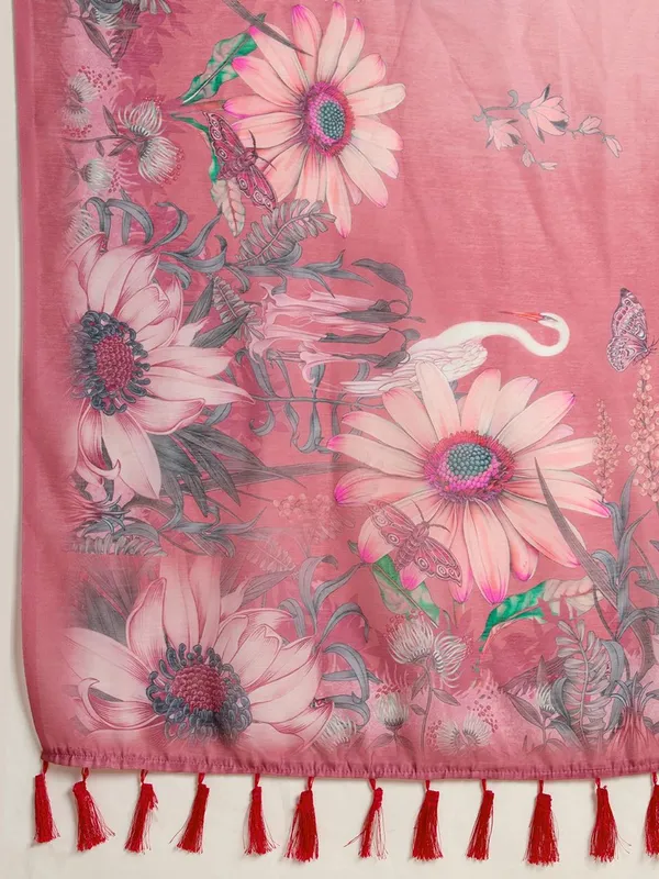 Pink Floral Print Designer Cotton Saree with Blouse