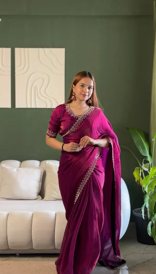 Magenta Space Silk Saree with Jarkan Diamond Work