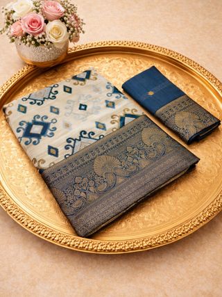 Navy Blue Banarasi Silk Saree with Zari Border