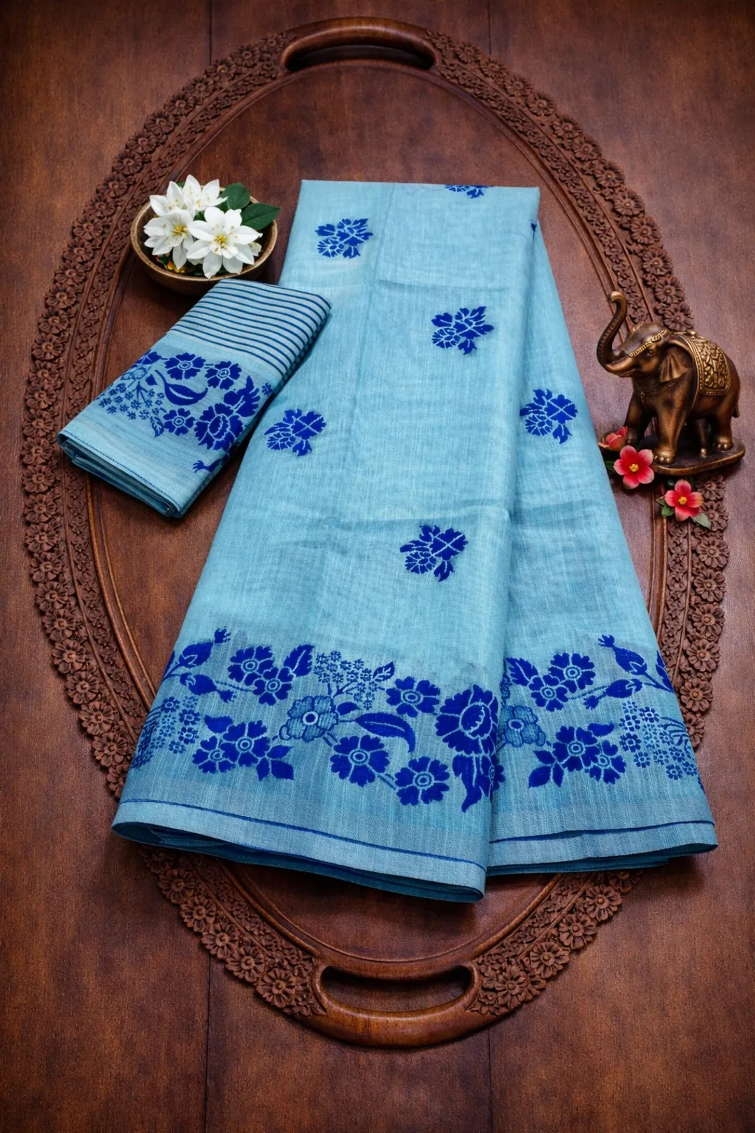 Sky Blue Floral Linen Cotton Saree with Border