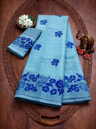 Sky Blue Floral Linen Cotton Saree with Border