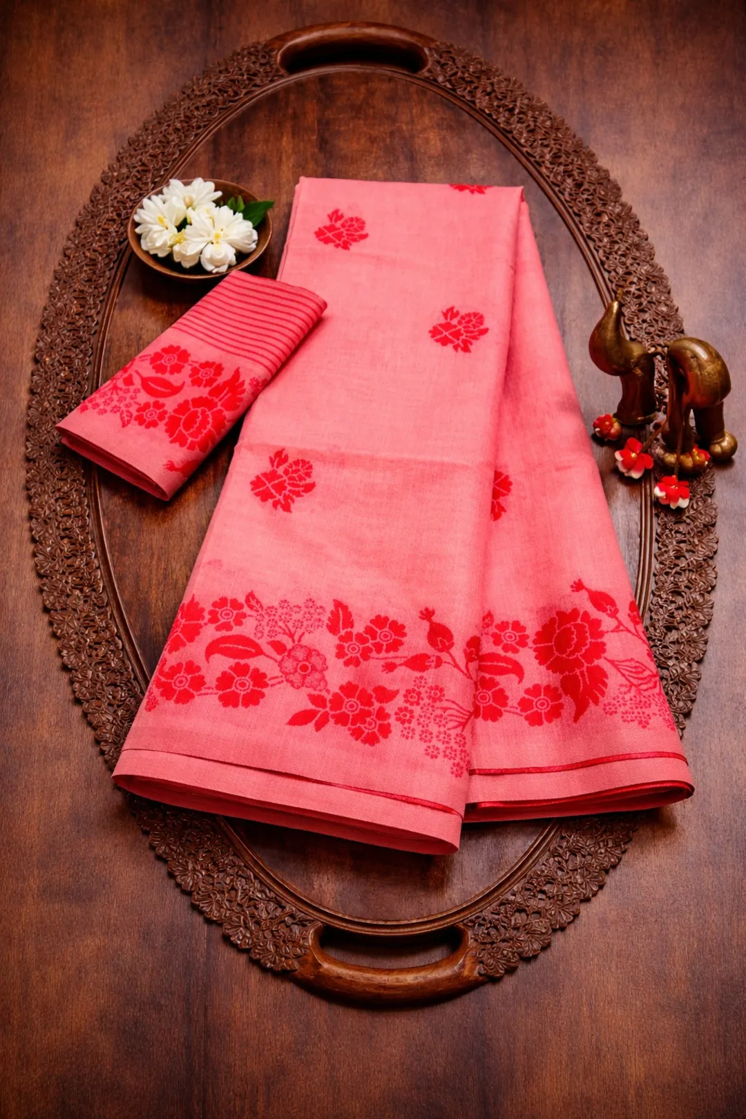 Coral Floral Linen Cotton Saree with Designer Border