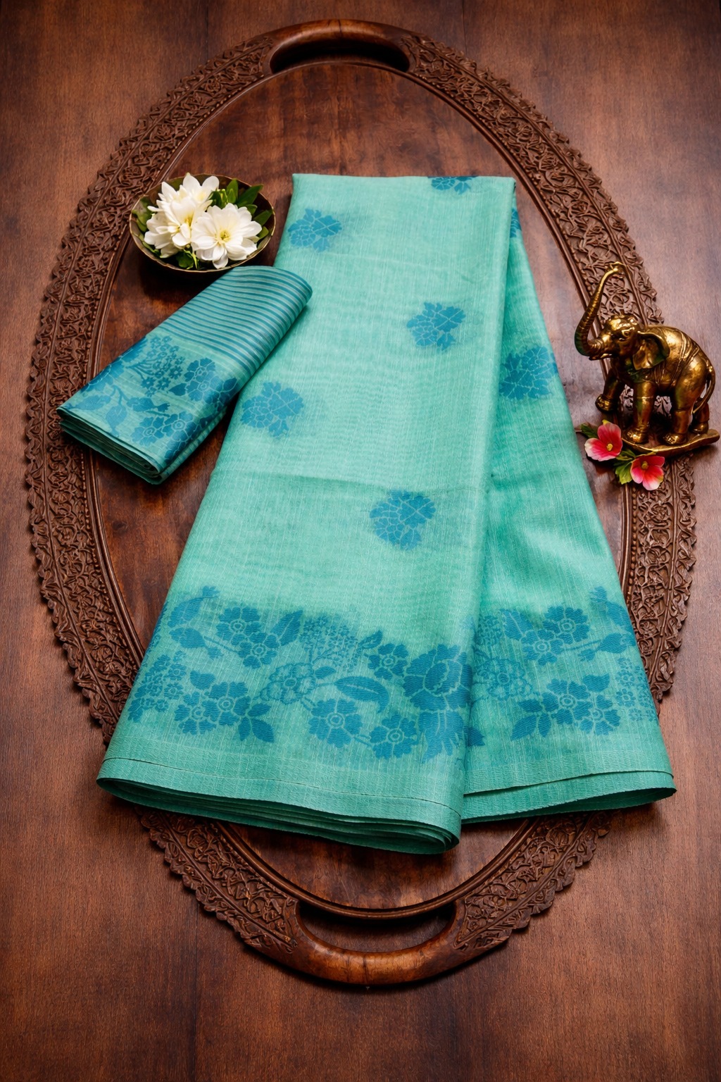 Floral green linen saree