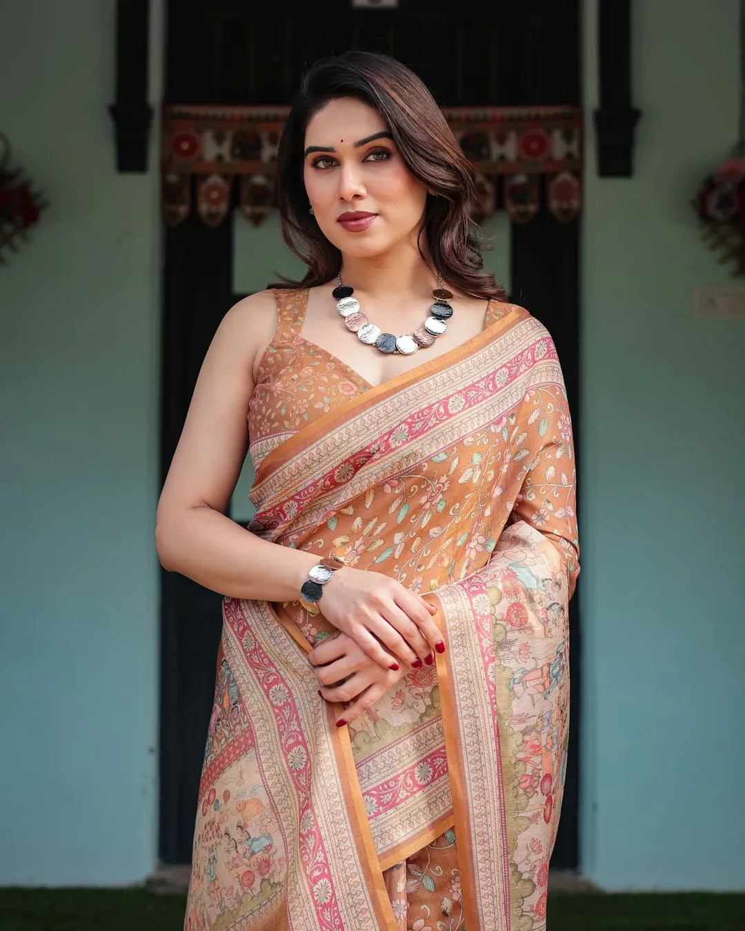 Caramel Brown Floral Handloom Saree with Printed Pallu
