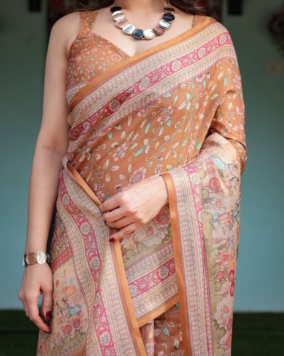 Caramel Brown Floral Handloom Saree with Printed Pallu