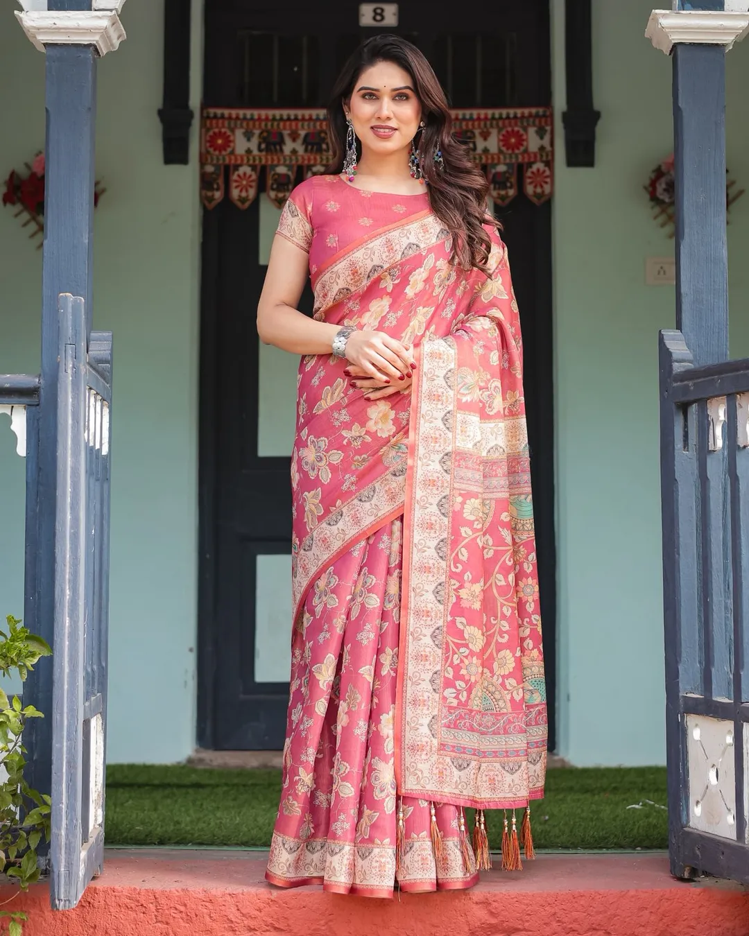 Rani Pink Floral Handloom Saree with Blouse