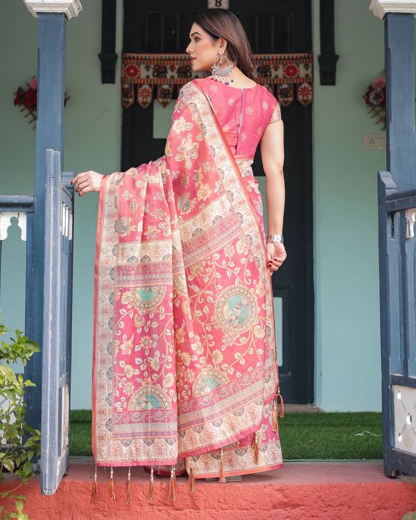 Rani Pink Floral Handloom Saree with Blouse