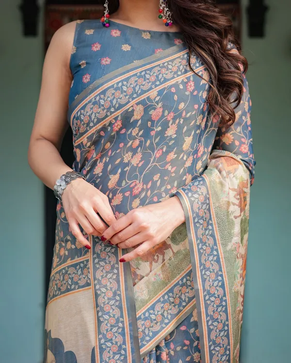 Slate Blue Floral Handloom Saree with Blouse