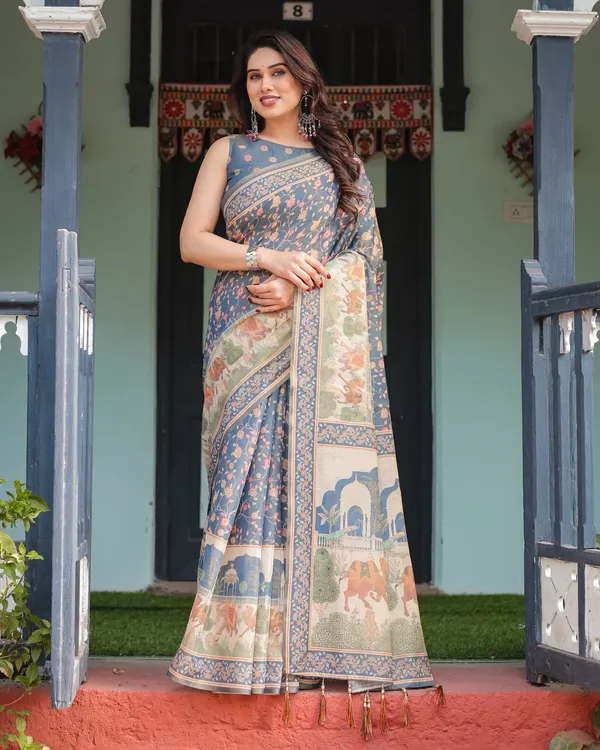 Slate Blue Floral Handloom Saree with Blouse