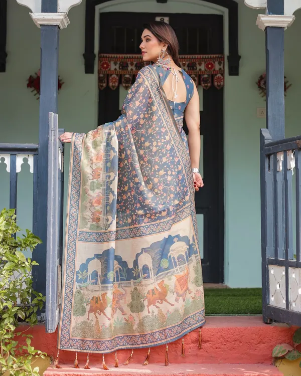 Slate Blue Floral Handloom Saree with Blouse