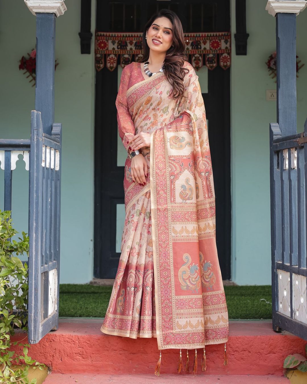 Peach Beige Floral Handloom Saree with Ethnic Border