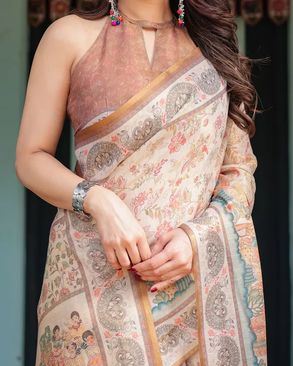 Ivory Cream Floral Handloom Saree with Heritage Pallu