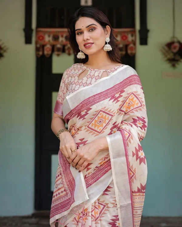 Off White Tribal Print Pure Linen Saree with Tassel Pallu