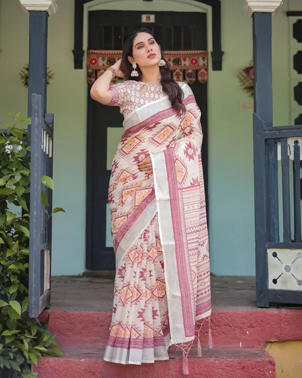 Off White Tribal Print Pure Linen Saree with Tassel Pallu
