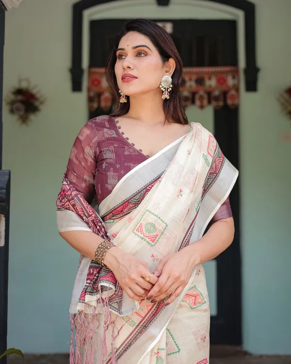 Ivory Geometric Print Pure Linen Saree with Tassel Pallu