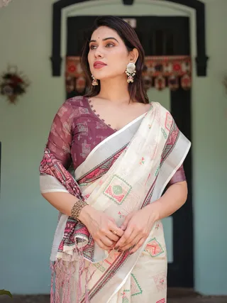 Ivory Geometric Print Pure Linen Saree with Tassel Pallu