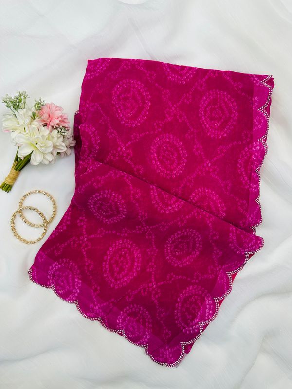 Pink Bandhani Georgette Saree With Swarovski Border
