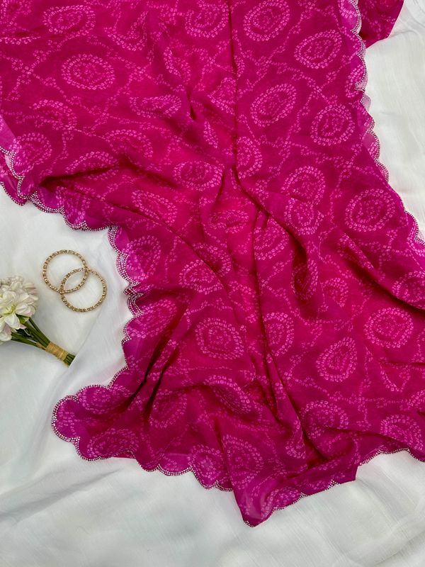 Pink Bandhani Georgette Saree With Swarovski Border