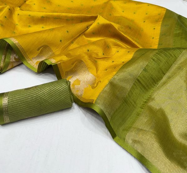 Mustard Bandhani Silk Saree with Elephant Zari Border
