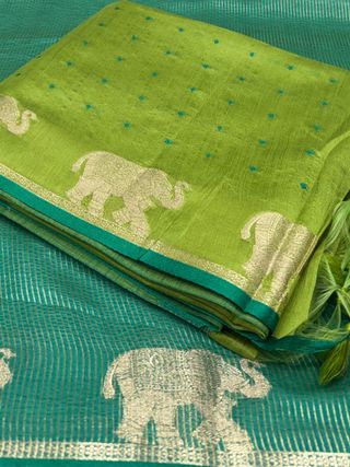 Green Bandhani Silk Saree with Zari Elephant Border