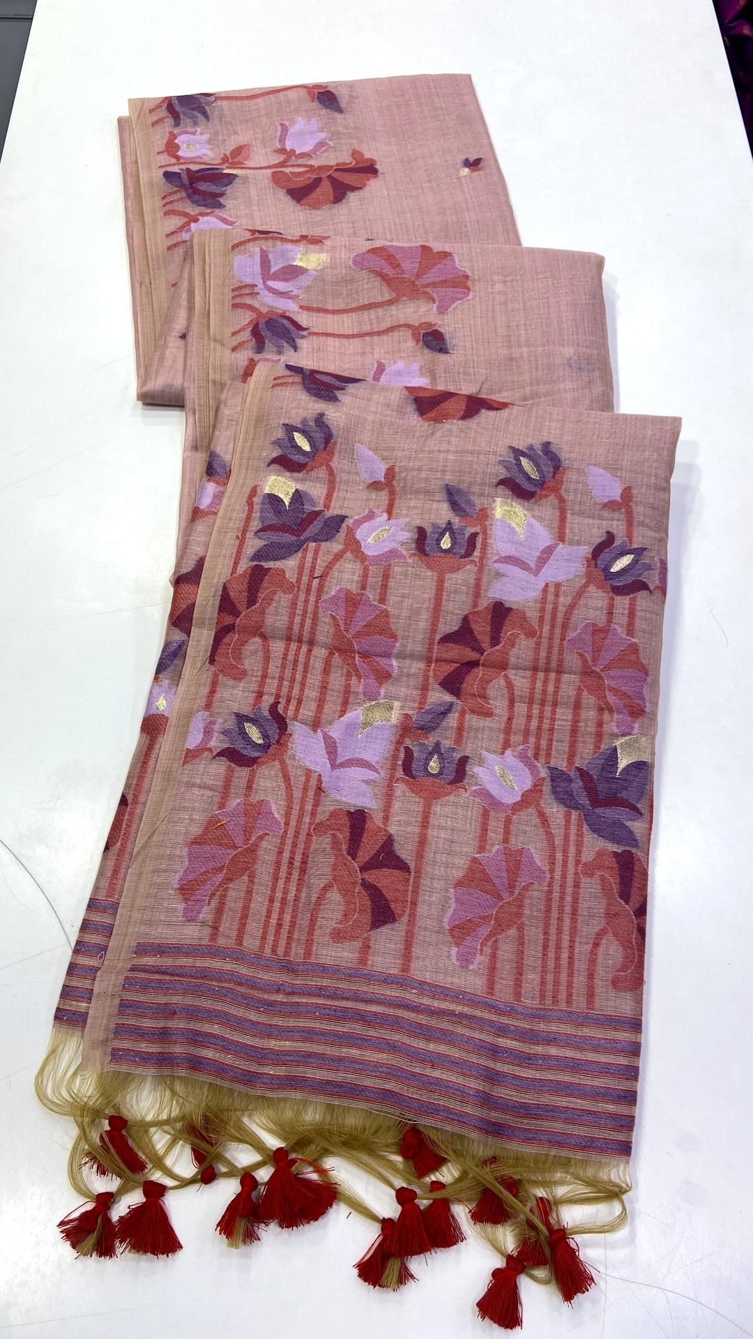 Blush Peach Muga Cotton Saree with Jamdani Lotus Pallu