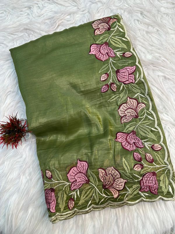 Olive Green Gold Crush Saree with Floral Threadwork