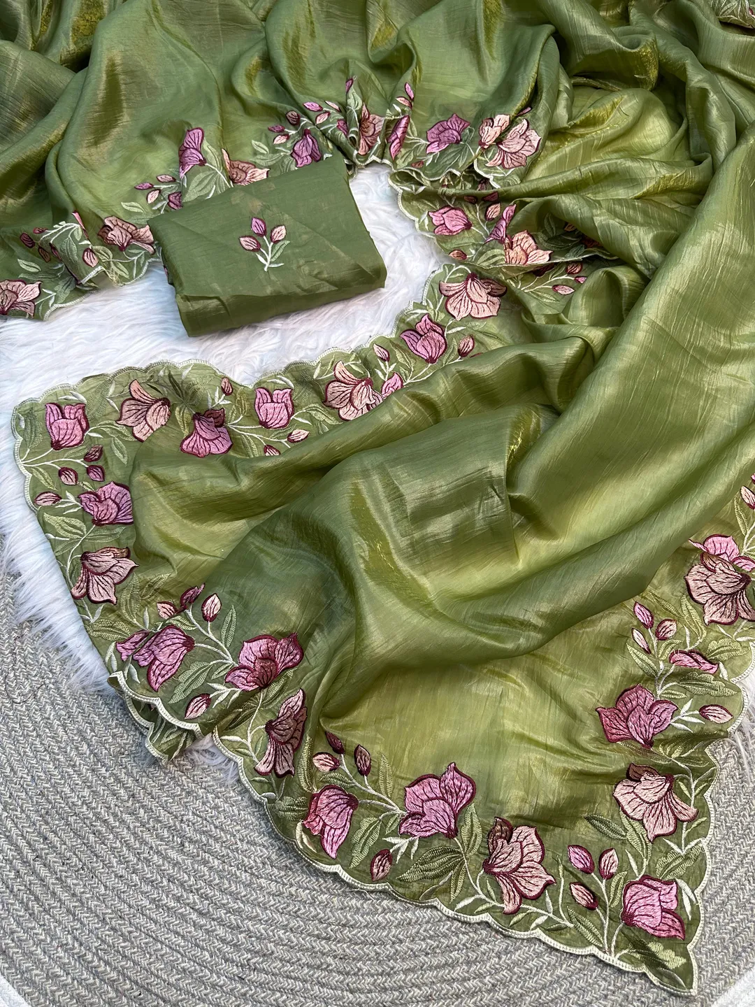 Olive Green Gold Crush Saree with Floral Threadwork