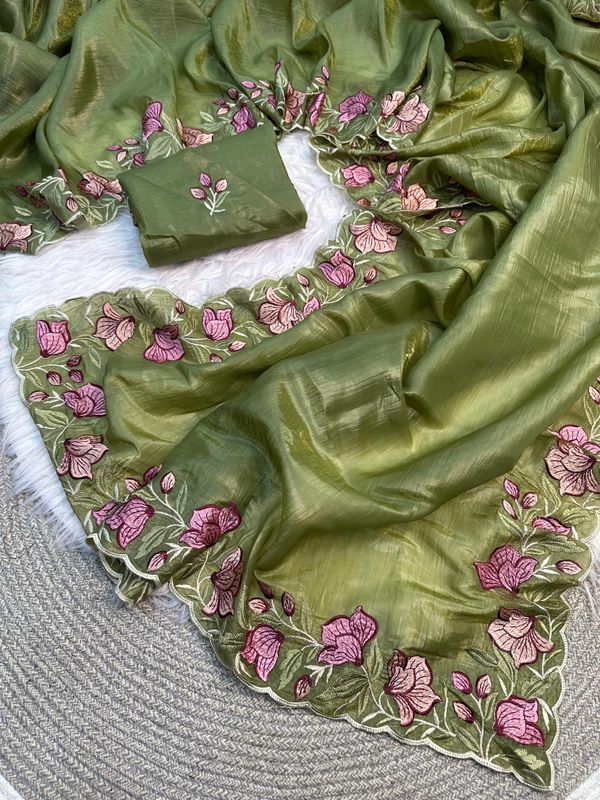 Olive Green Gold Crush Saree with Floral Threadwork
