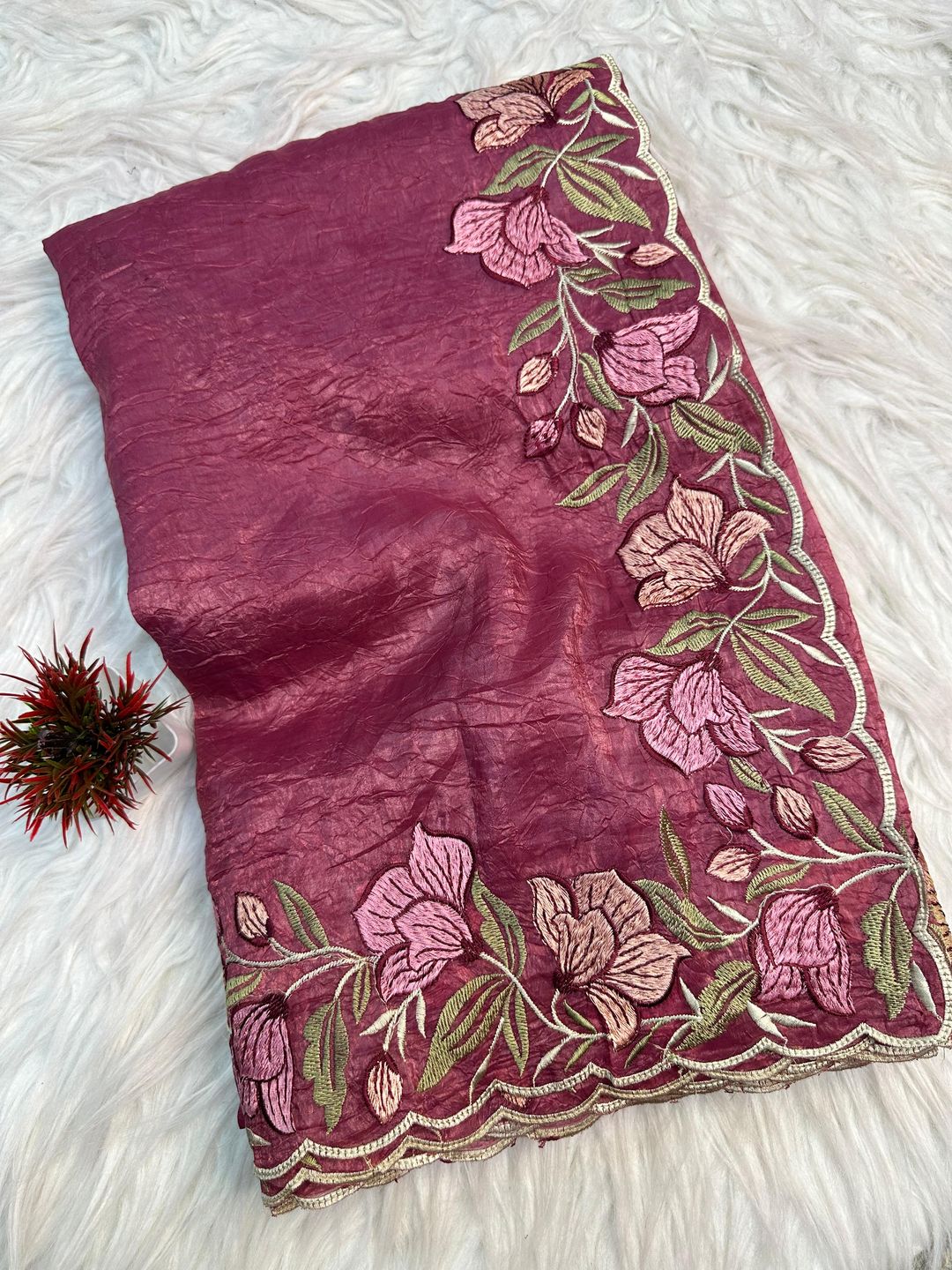 Wine Pink Gold Crush Saree with Floral Threadwork
