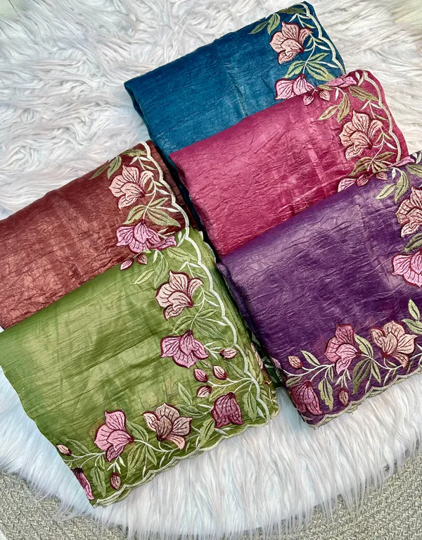 Teal Blue Gold Crush Saree with Floral Threadwork