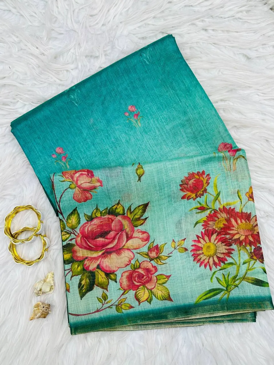 Teal Green Floral Printed Linen Tissue Saree for Women