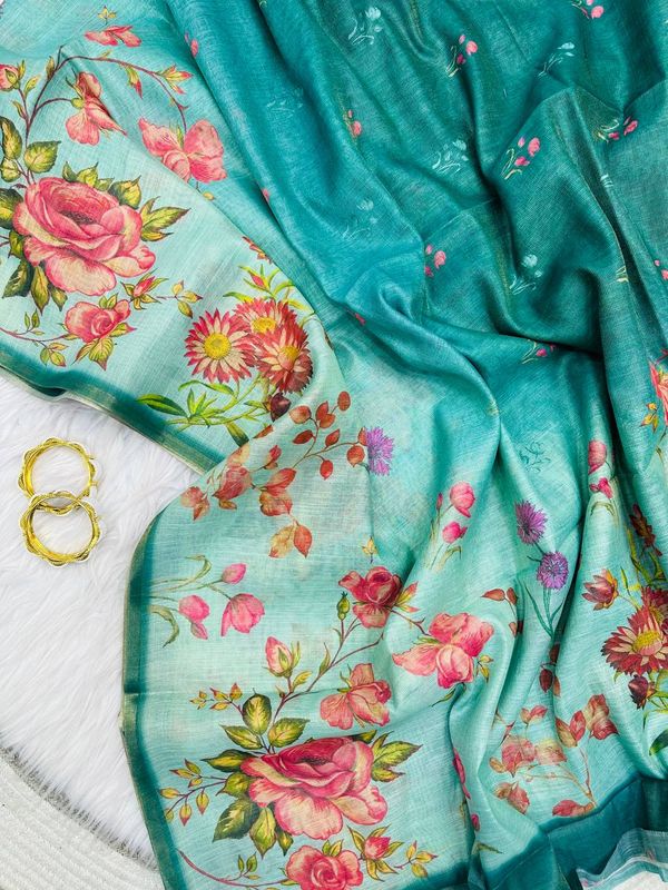 Teal Green Floral Printed Linen Tissue Saree for Women