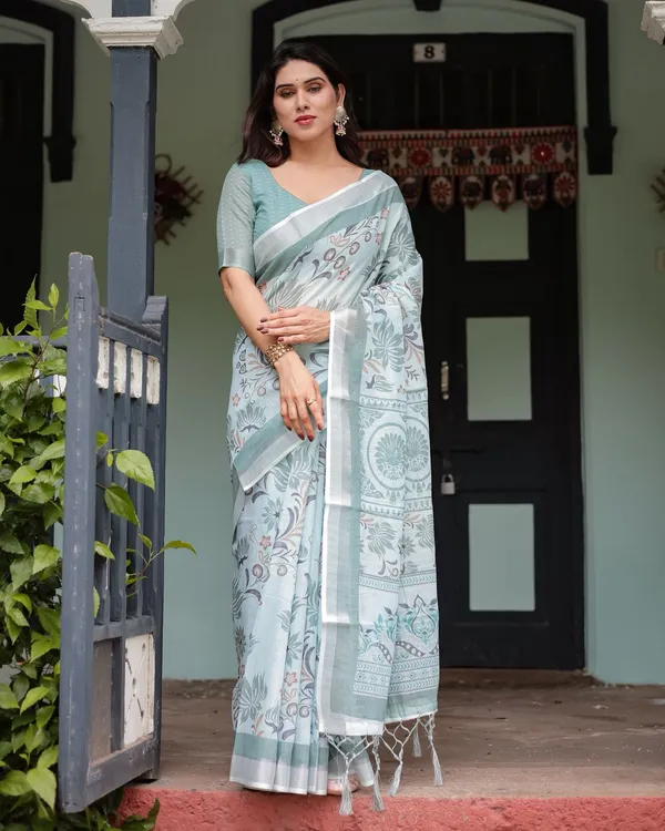 Pastel Green Pure Linen Printed Saree with Tassels