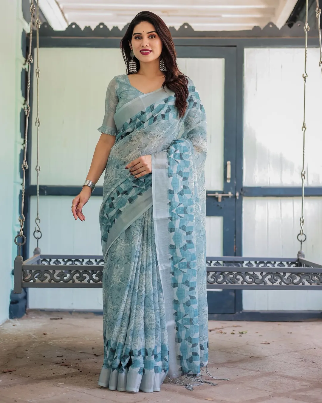 Pastel Blue Pure Linen Printed Saree with Blouse