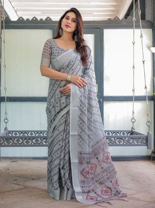 Soft Grey Pure Linen Ikat Printed Saree with Blouse