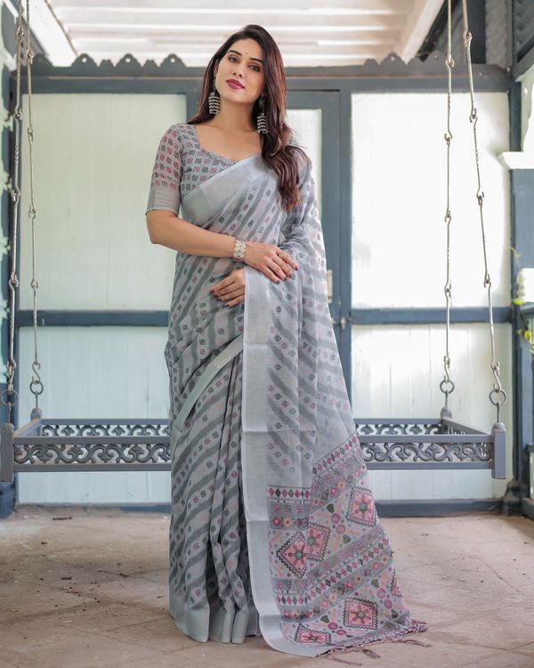Soft Grey Pure Linen Ikat Printed Saree with Blouse