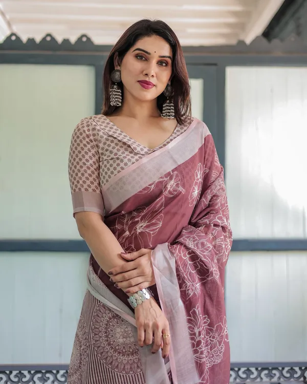 Maroon Floral Printed Pure Linen Saree with Blouse