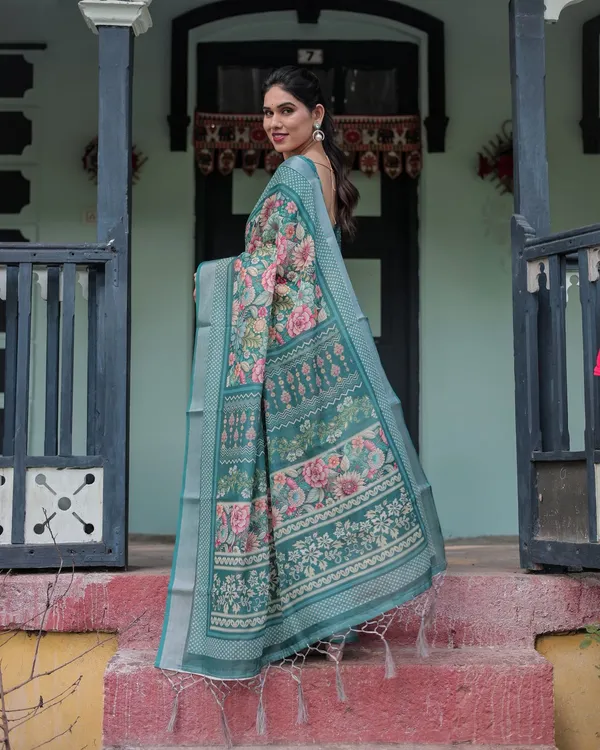 Teal Green Floral Printed Pure Linen Saree with Blouse