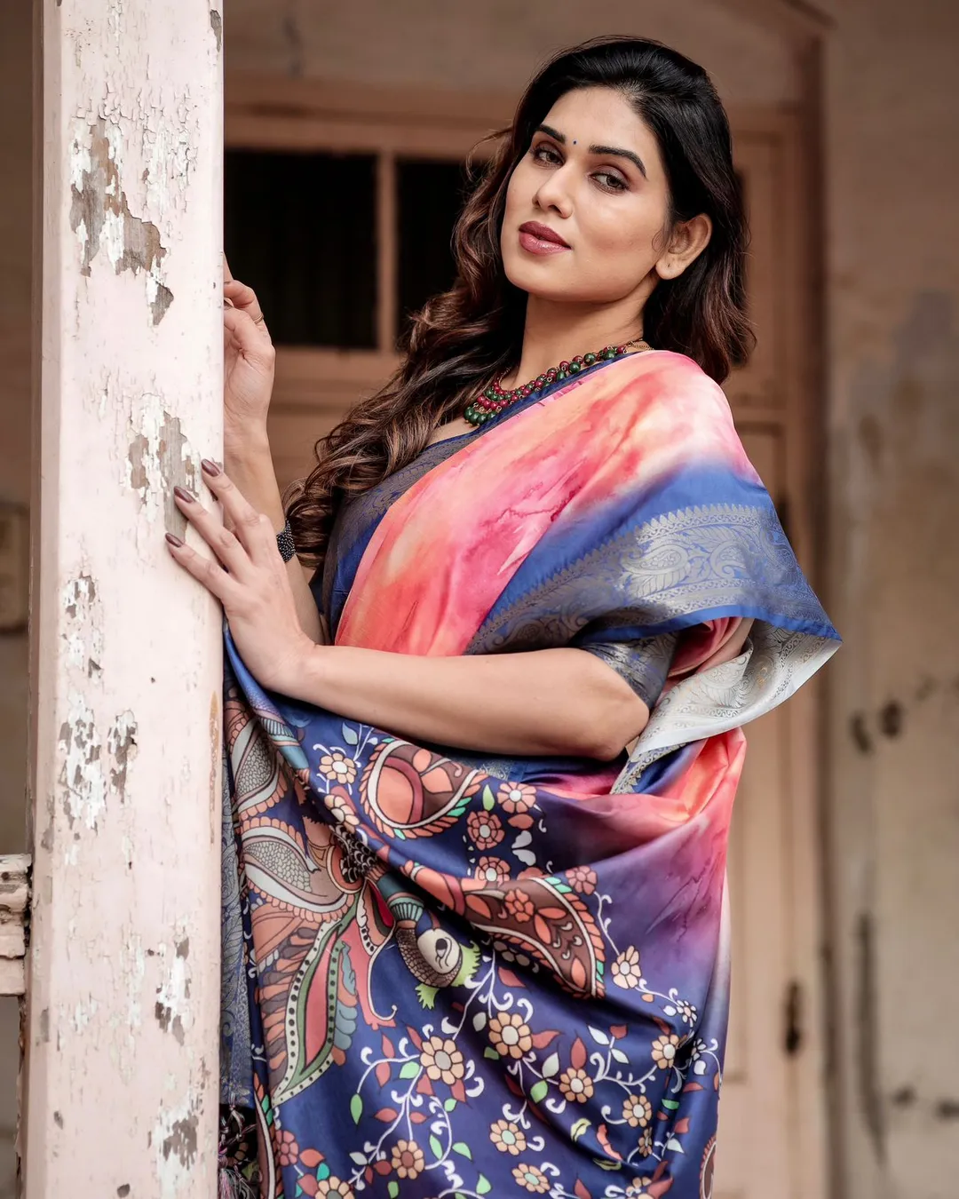 Pink Ombre Tussar Silk Printed Saree with Zari Border
